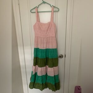 Slate & Willow Eyelet Tiered Midi Dress Pink & Green Open Back Size 10